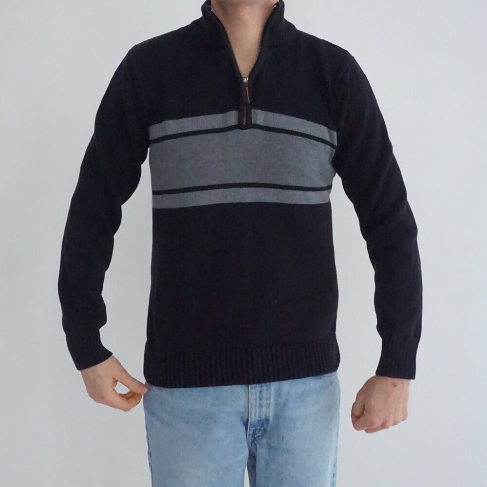 Vintage Denver Hayes Black Grey Stripe Textured Quarter Zip Knit Sweater Medium